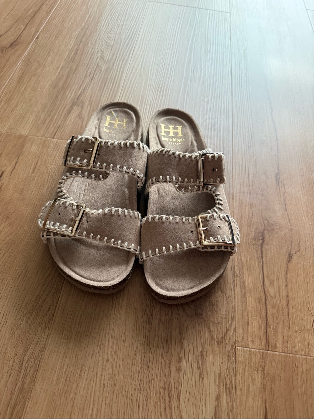 Haute Hippie Tan Buckle Double-Strap Suede Slide Sandals